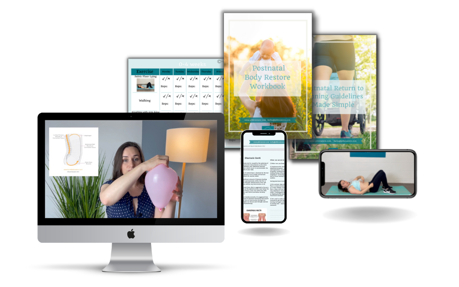 A group of images of Natal Restore's Postnatal Recovery Online Course showing what is included on the course and how it can be accessed. There is a picture of a computer, mobile phone and the PDF documents.